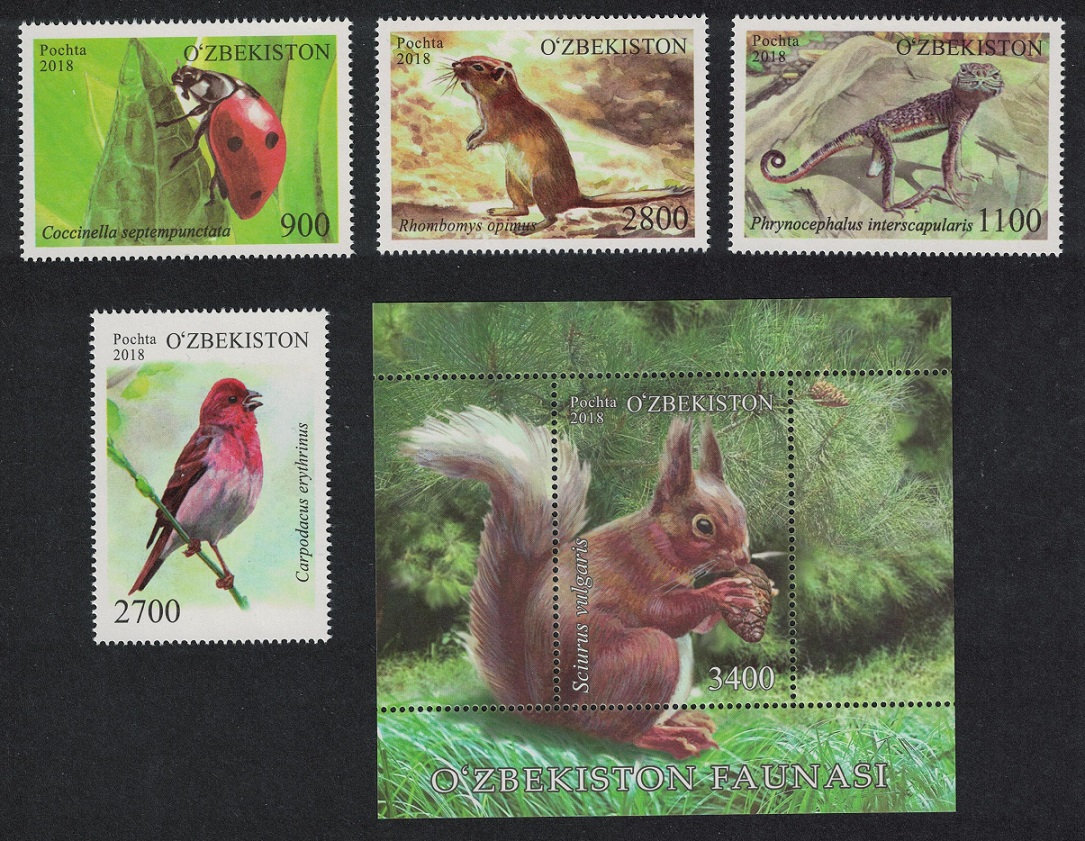 Uzbekistan Ladybird Lizard Rosefinch Bird Squirrel 4v+MS 2018 MNH