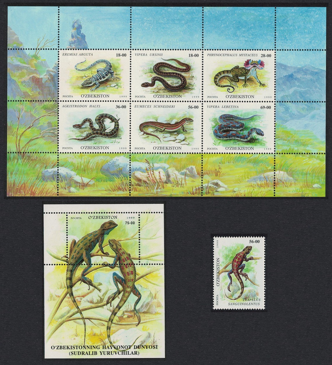 Uzbekistan Reptiles Snakes Lizards Crocodile+Sheetlet+MS 1999 MNH SG#202-MS209 MI#206-212+Block 22