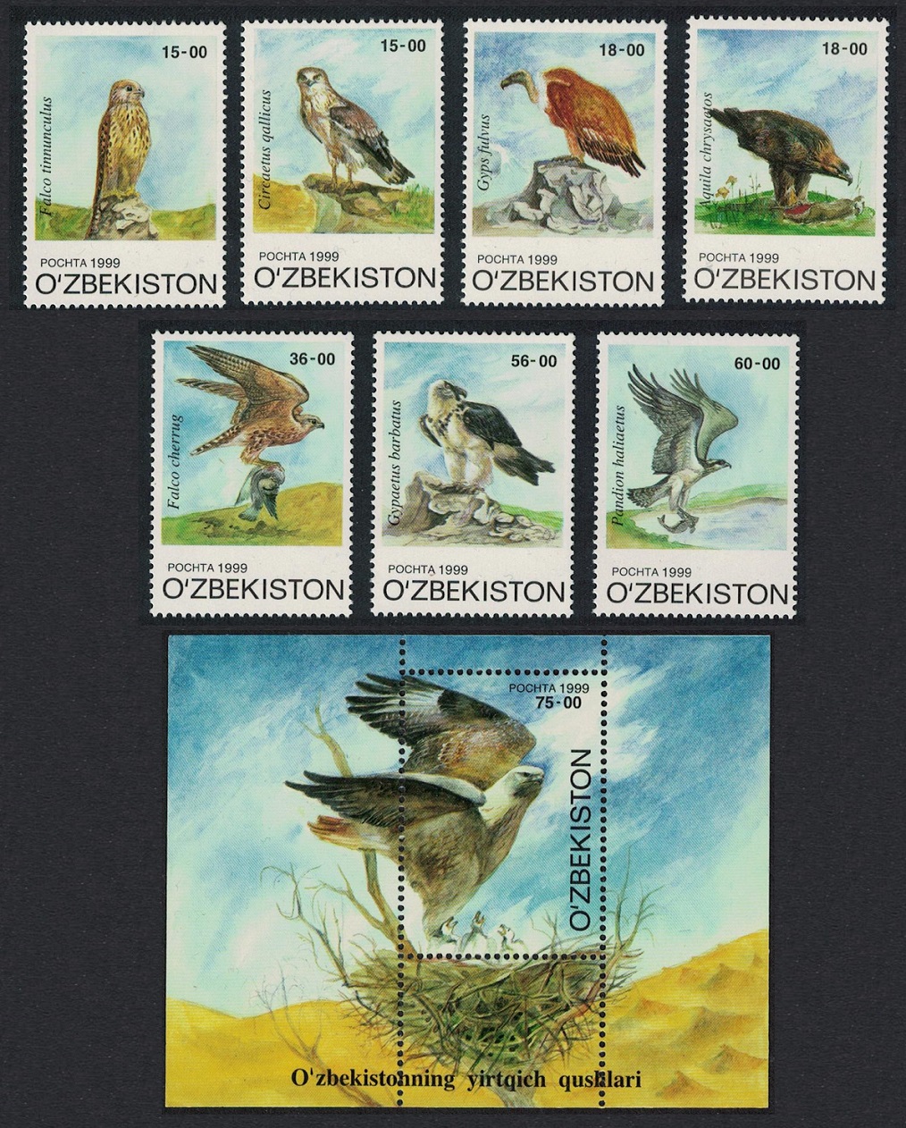 Uzbekistan Kestrel Eagle Falcon Vulture Osprey Birds of Prey 7v+MS 1999 MNH SG#212-MS219 MI#216-222+Block 23