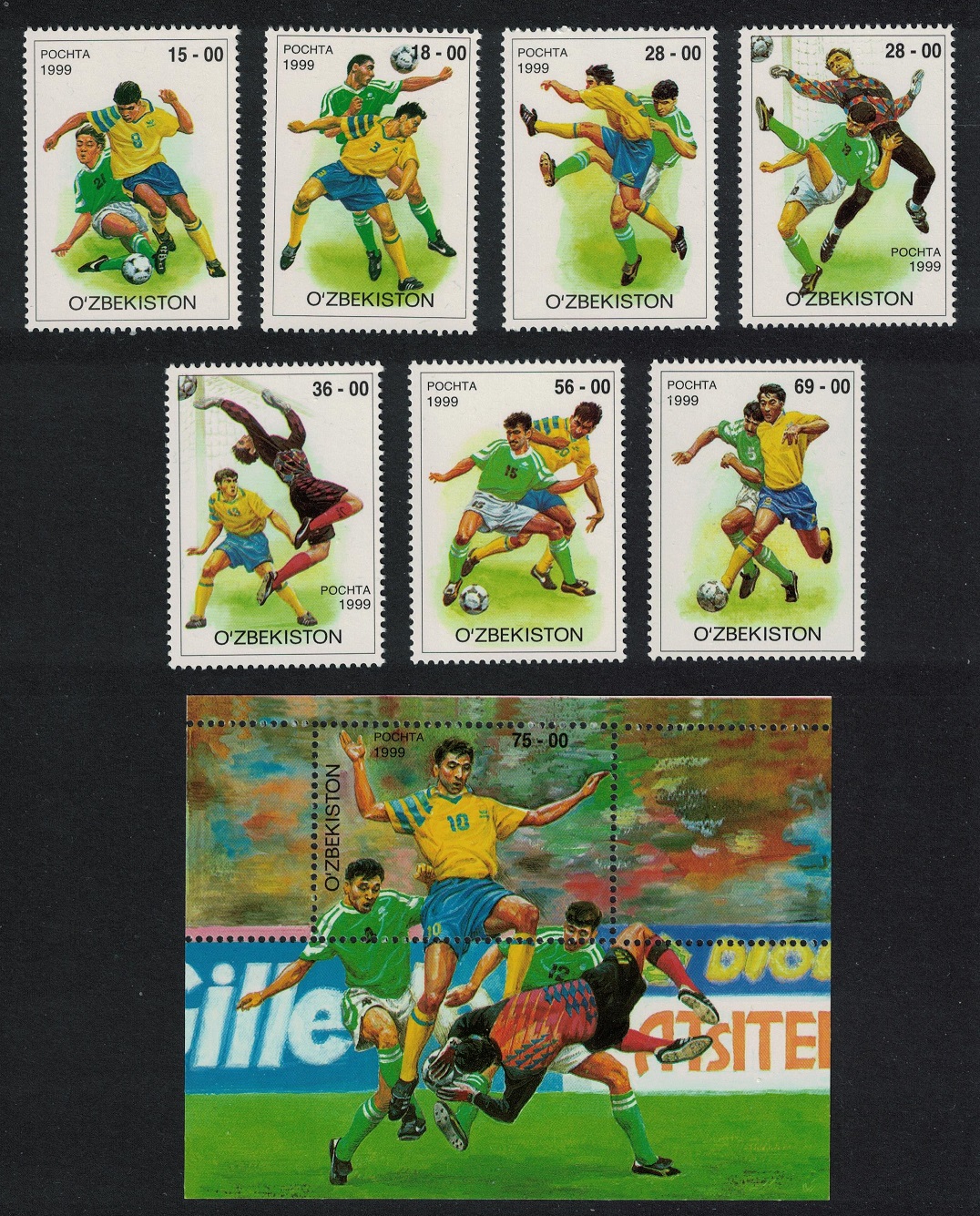 Uzbekistan Football 7v+MS 1999 MNH SG#220-MS227