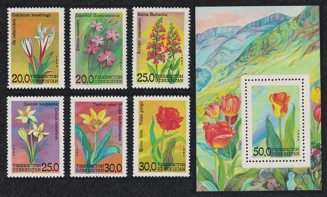 Uzbekistan Tulips Crocus Colchicum Flowers 6v+MS 1993 MNH SG#35-MS41 MI#35-40+Block 2