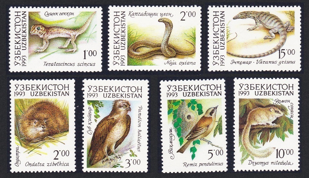 Uzbekistan Osprey Tit Birds Lizards Snake Stag Deer Animals 7v 1993 MNH SG#7-13 MI#7-13+Block 1