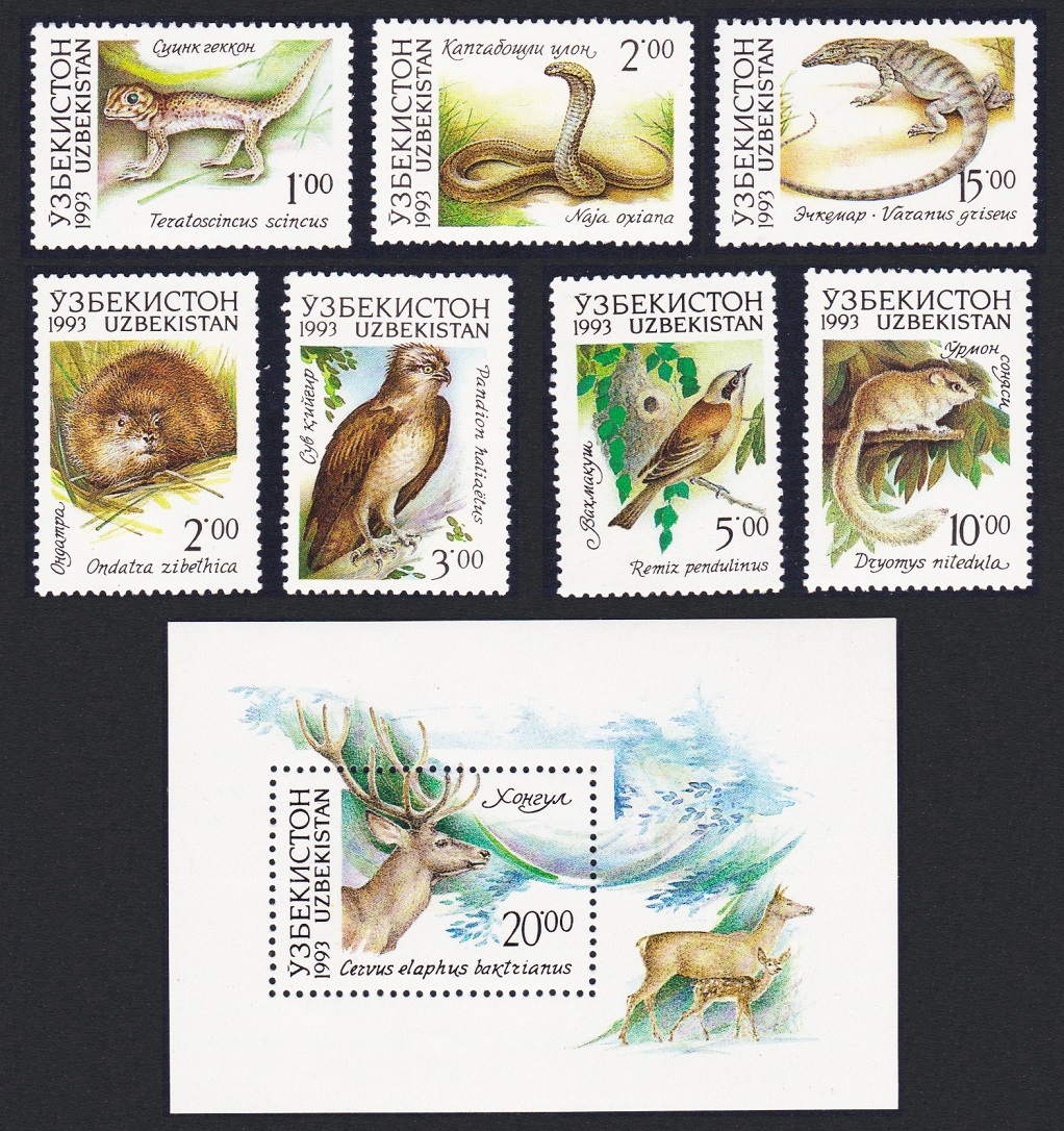 Uzbekistan Osprey Tit Birds Lizards Snake Stag Deer Animals 7v+MS 1993 MNH SG#7-MS14 MI#7-13+Block 1