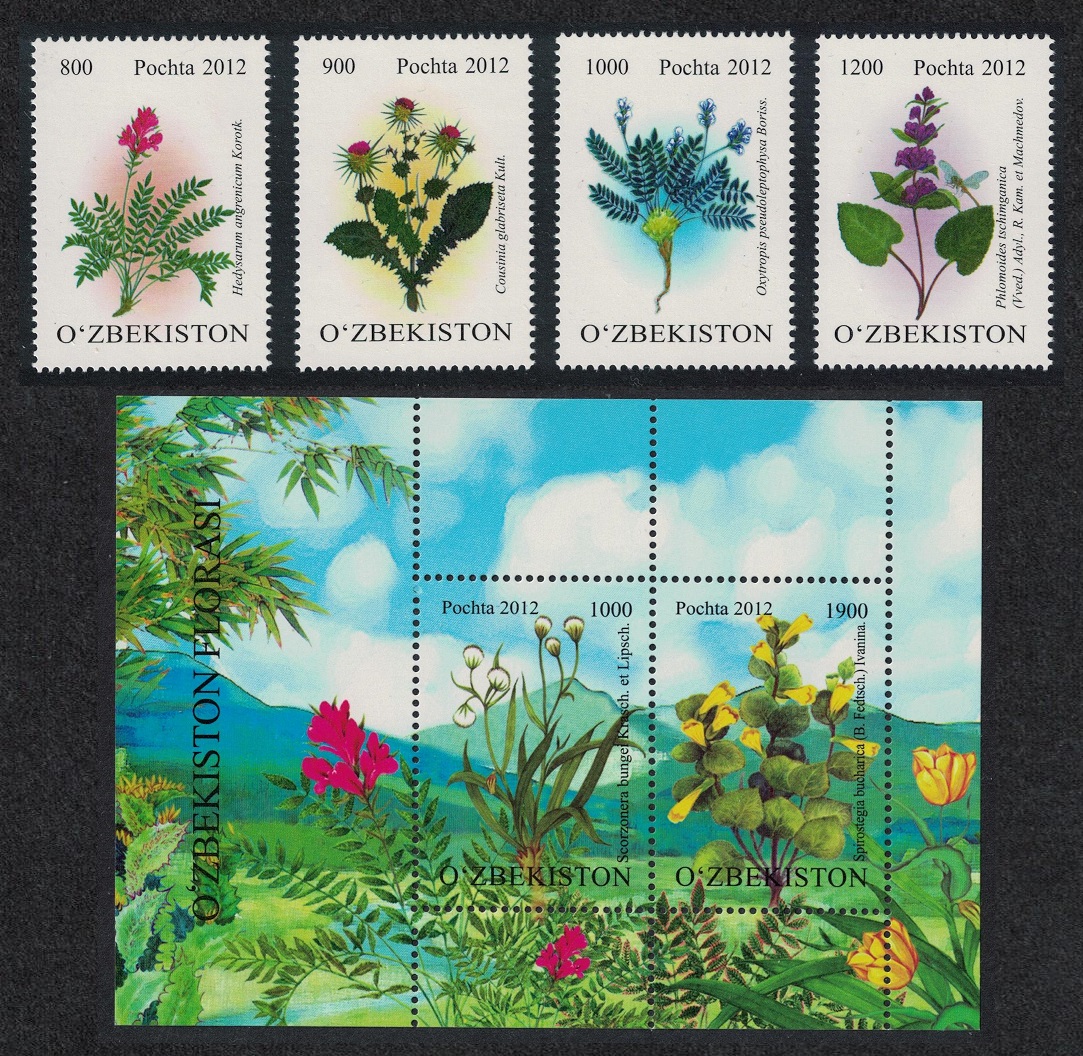 Uzbekistan Flowers Flora Endangered Species 4v+MS 2012 MNH SG#828-MS831a MI#2007-2020+Block 62