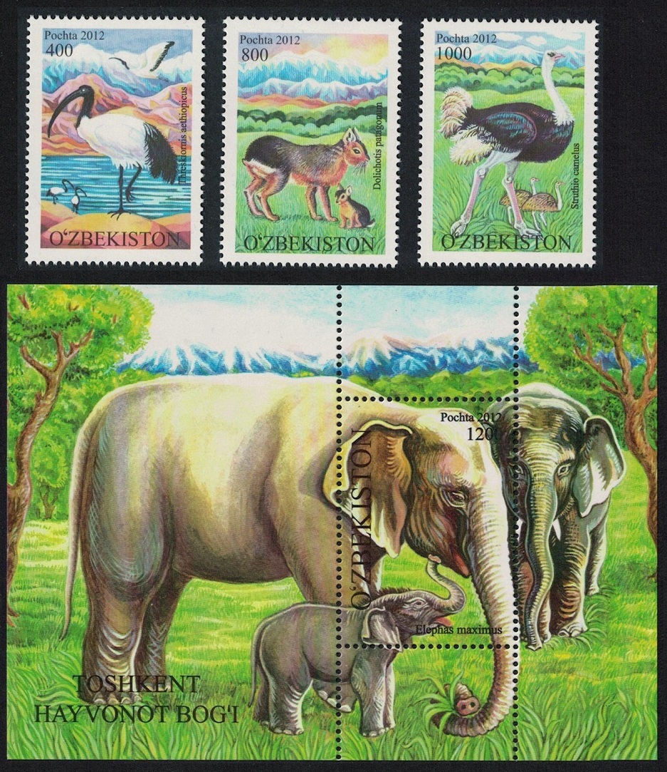 Uzbekistan Ibis Emu Birds Elephant Mara Tashkent Zoo 3v+MS 2012 MNH SG#850-MS853 MI#1046-1048+Block 64