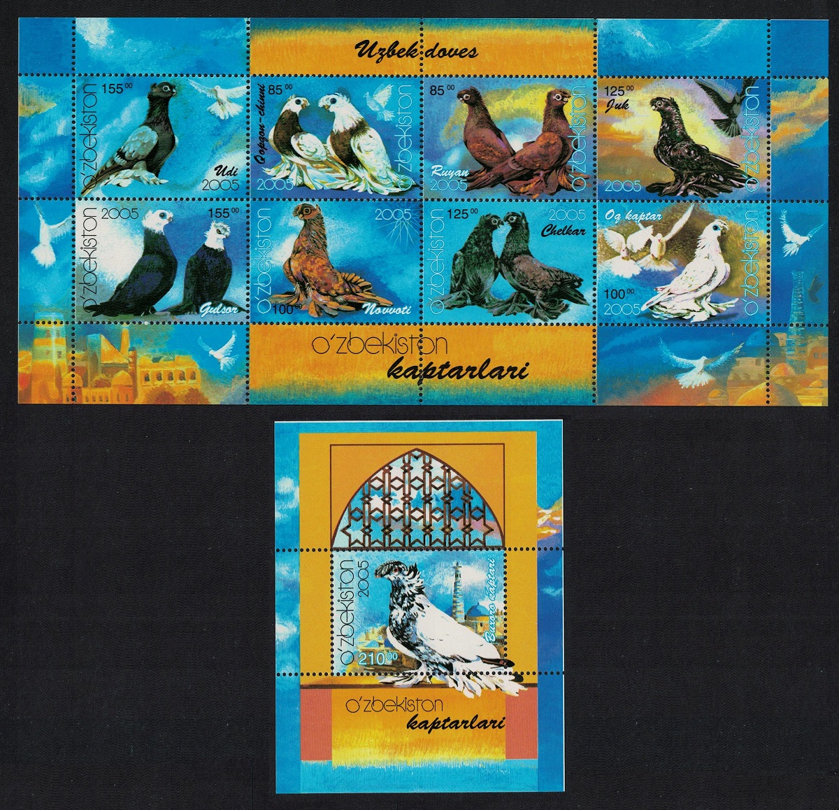 Uzbekistan Pigeons Birds Sheetlet of 8v+MS 2005 MNH SG#MS483-MS484 MI#569-576+ Block37