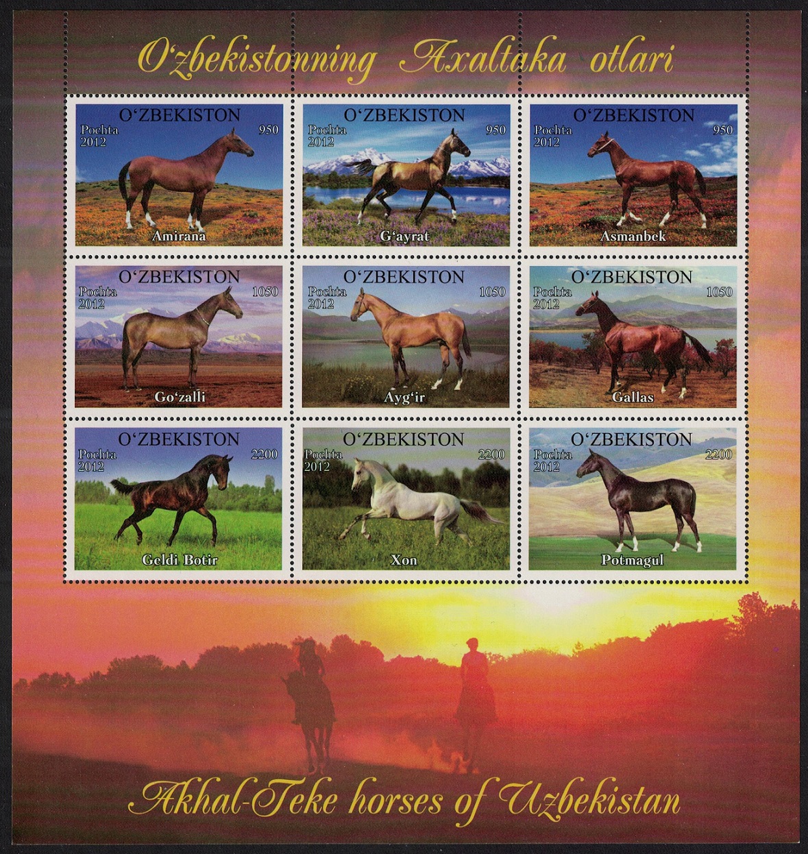 Uzbekistan Akhal-Teke Horses of Uzbekistan MS 2012 MNH SG#MS844 MI#1025-1033KB