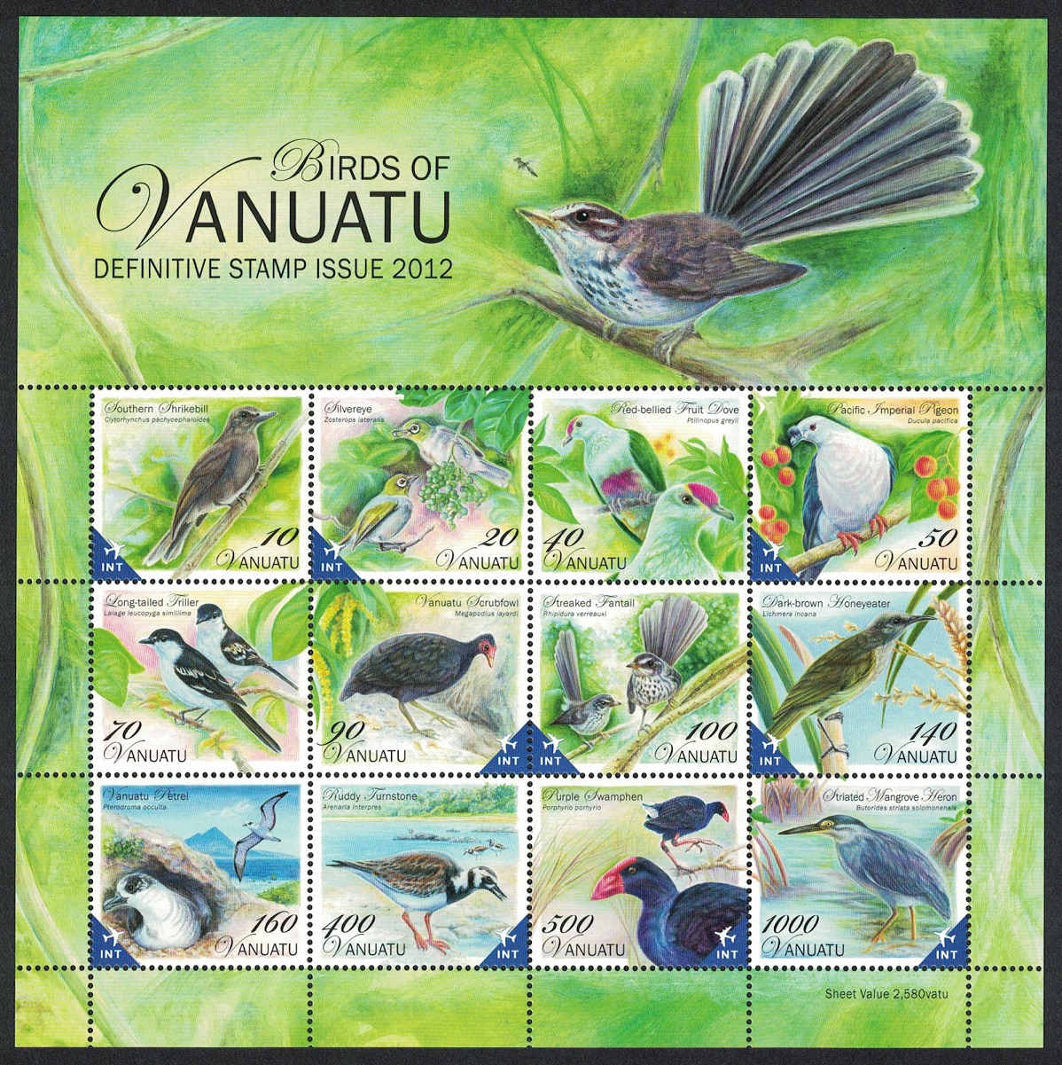 Vanuatu Heron Dove Swamphen Petrel Birds 12v Sheetlet MS 2012 MNH SG#MS1130 Sc#1025-1036