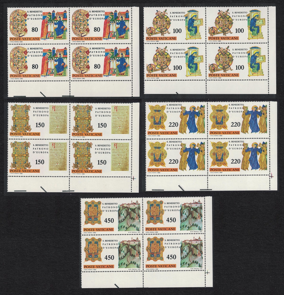 Vatican St Benedict 5v Corner Blocks of 4 1980 MNH SG#735-739 Sc#668-672