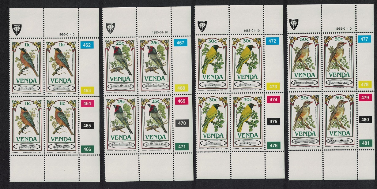 Venda Songbirds 4v Blocks of 4 1985 MNH SG#103-106 Sc#116-119