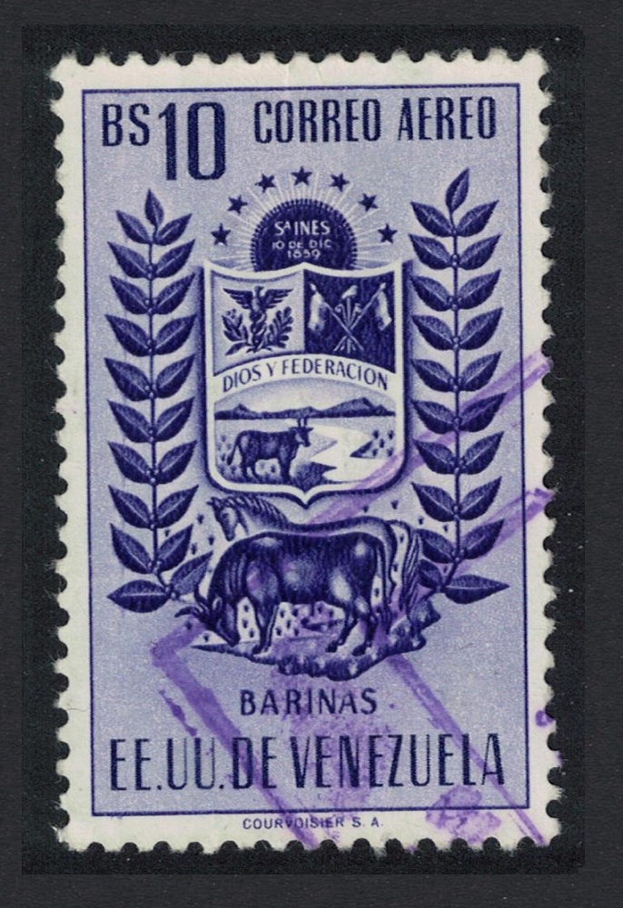 Venezuela Arms issue State of Barinas Cow and Horse 10Bs KEY VALUE 1954 Canc SG#1321 Sc#C526