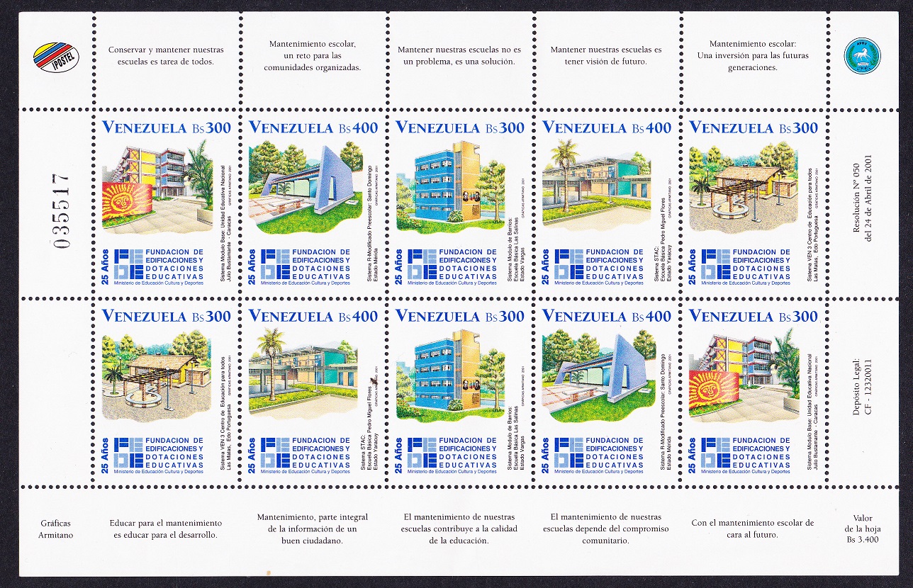 Venezuela Education Building and Endowment Foundation Sheetlet of 10v 2001 MNH SG#3682-3686 Sc#1620