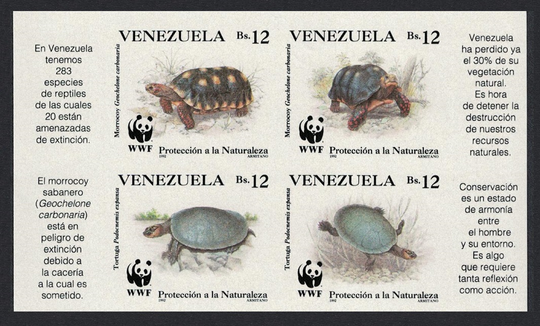 Venezuela WWF Red-footed Tortoise River Turtle Block of 4 imperf 1992 MNH SG#2969-2972 MI#2729-2732 Sc#1471 a-d