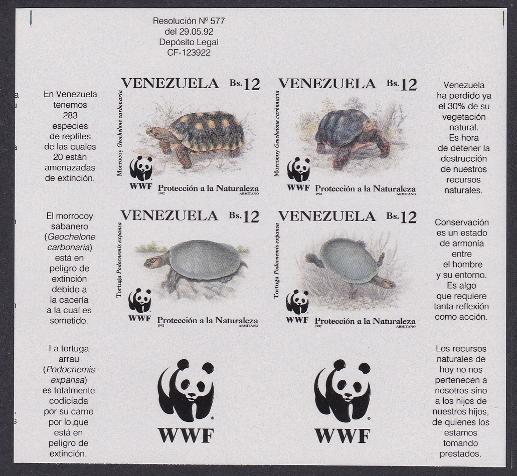 Venezuela WWF Tortoise Turtle Imperf block 2*2 WWF Logo 1992 MNH SG#2969-2972 MI#2729-2732 Sc#1471 a-d