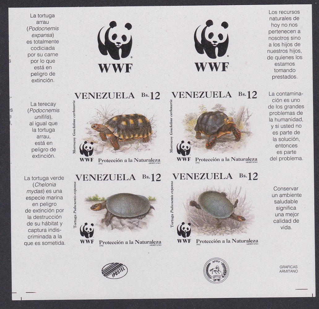 Venezuela WWF Tortoise and Turtle 4v imperf block 2*2 WWF Logo 1992 MNH SG#2969-2972 MI#2729-2732 Sc#1471 a-d