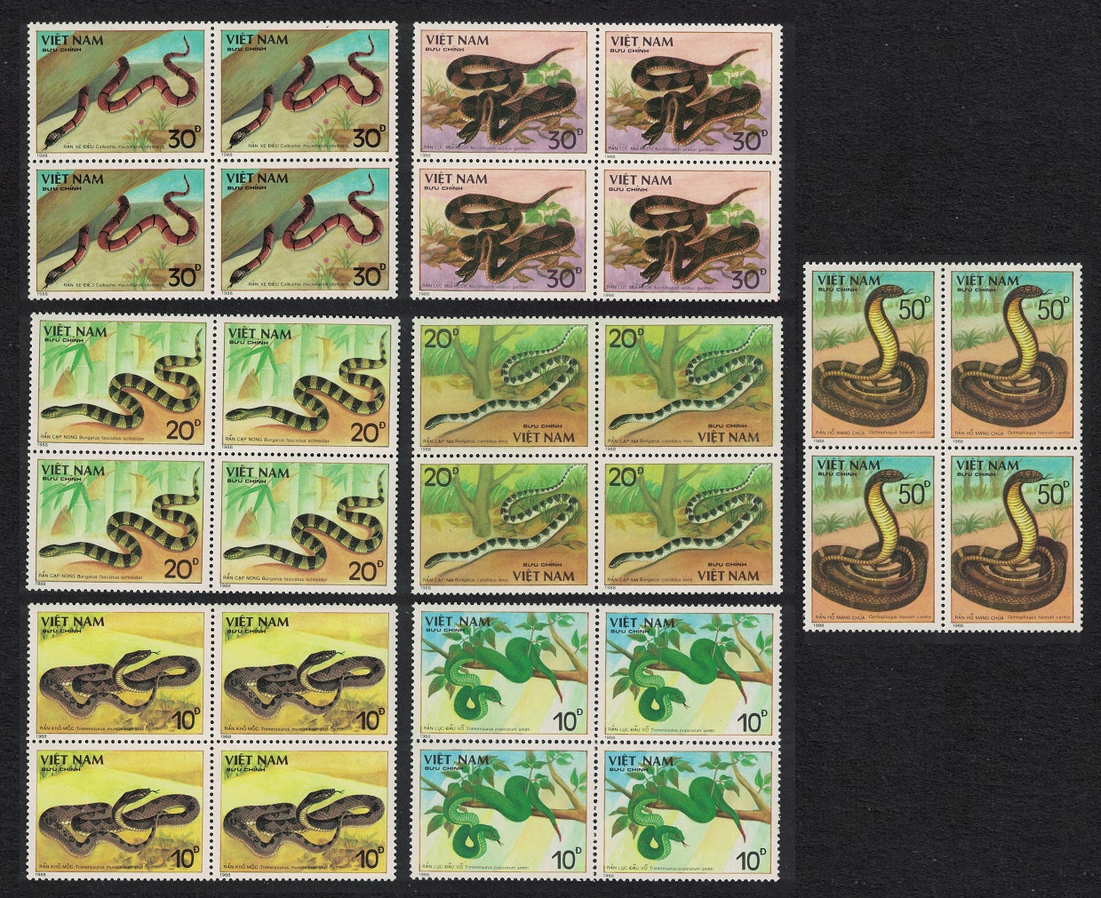 Vietnam Snakes 7v Corner Blocks of 4 1988 MNH SG#1191-1197 MI#2029-2035 Sc#1972-1978