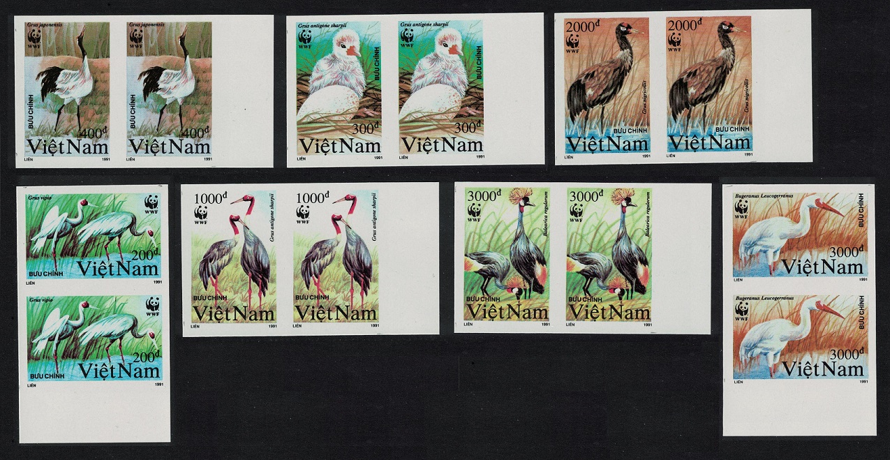 Vietnam Birds WWF Cranes 7v imperf Pairs 1991 MNH SG#1557-1563 MI#2302U-2308U Sc#2243-2249