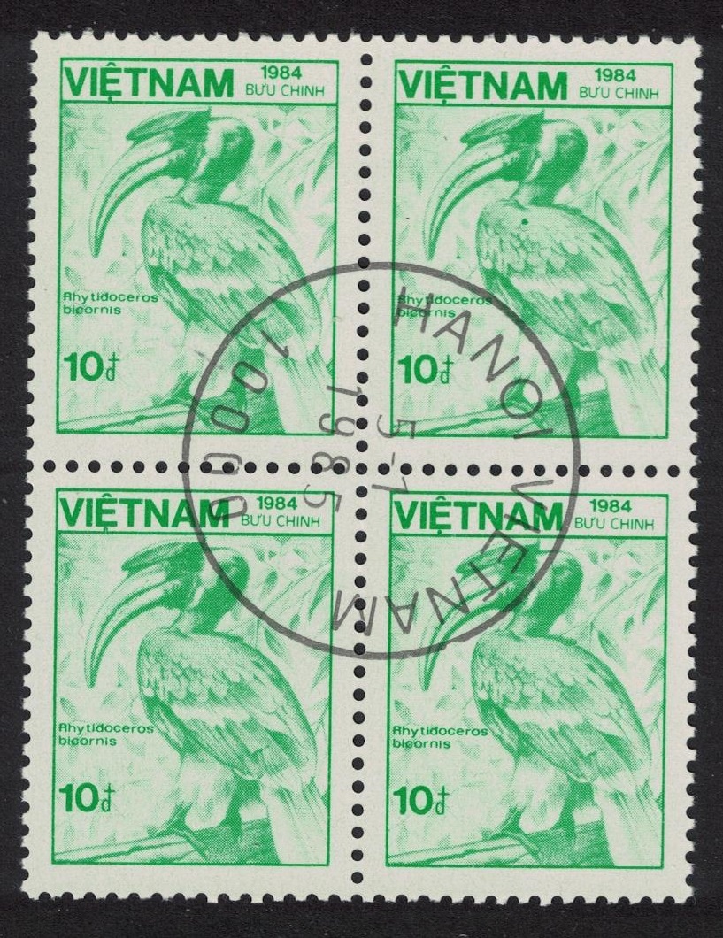 Vietnam Great Indian hornbill Bird Block of 4 Top Value 1984 CTO SG#785