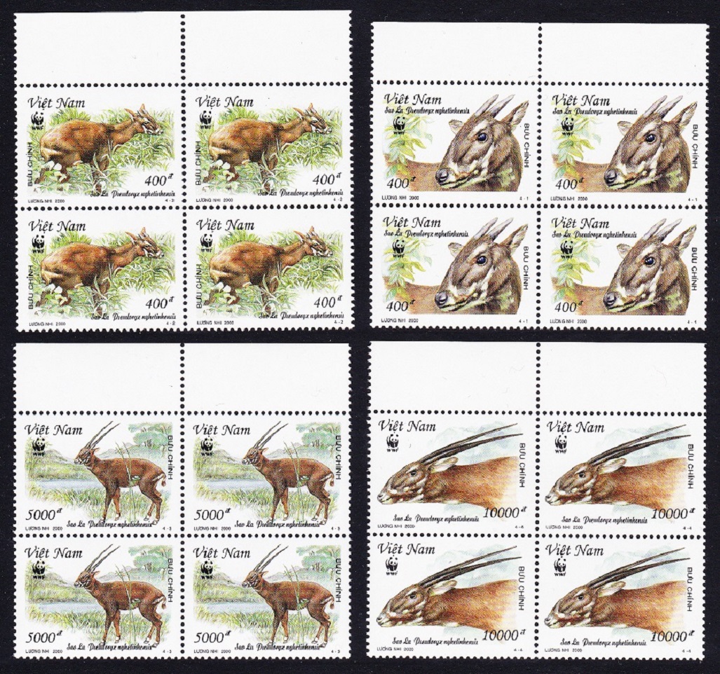 Vietnam WWF Sao La 4v Blocks of 4 Margins 2000 MNH SG#2325-2328 MI#3063-3066 Sc#2966-2969