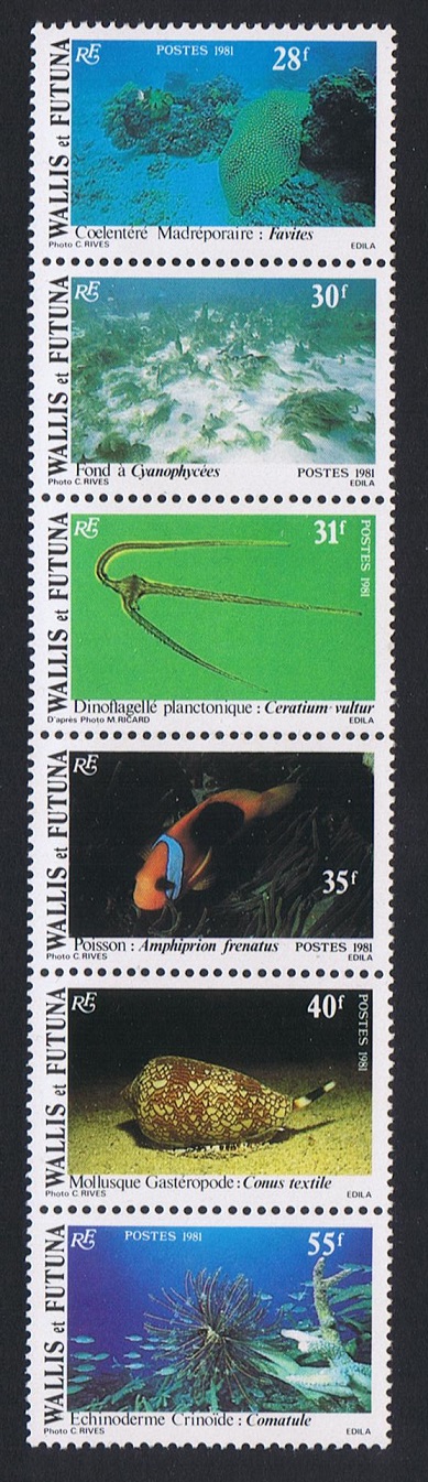 Wallis and Futuna Fish Shells Corals Undersea Fauna strip of 6v folded 1981 MNH SG#370-375 Sc#269a