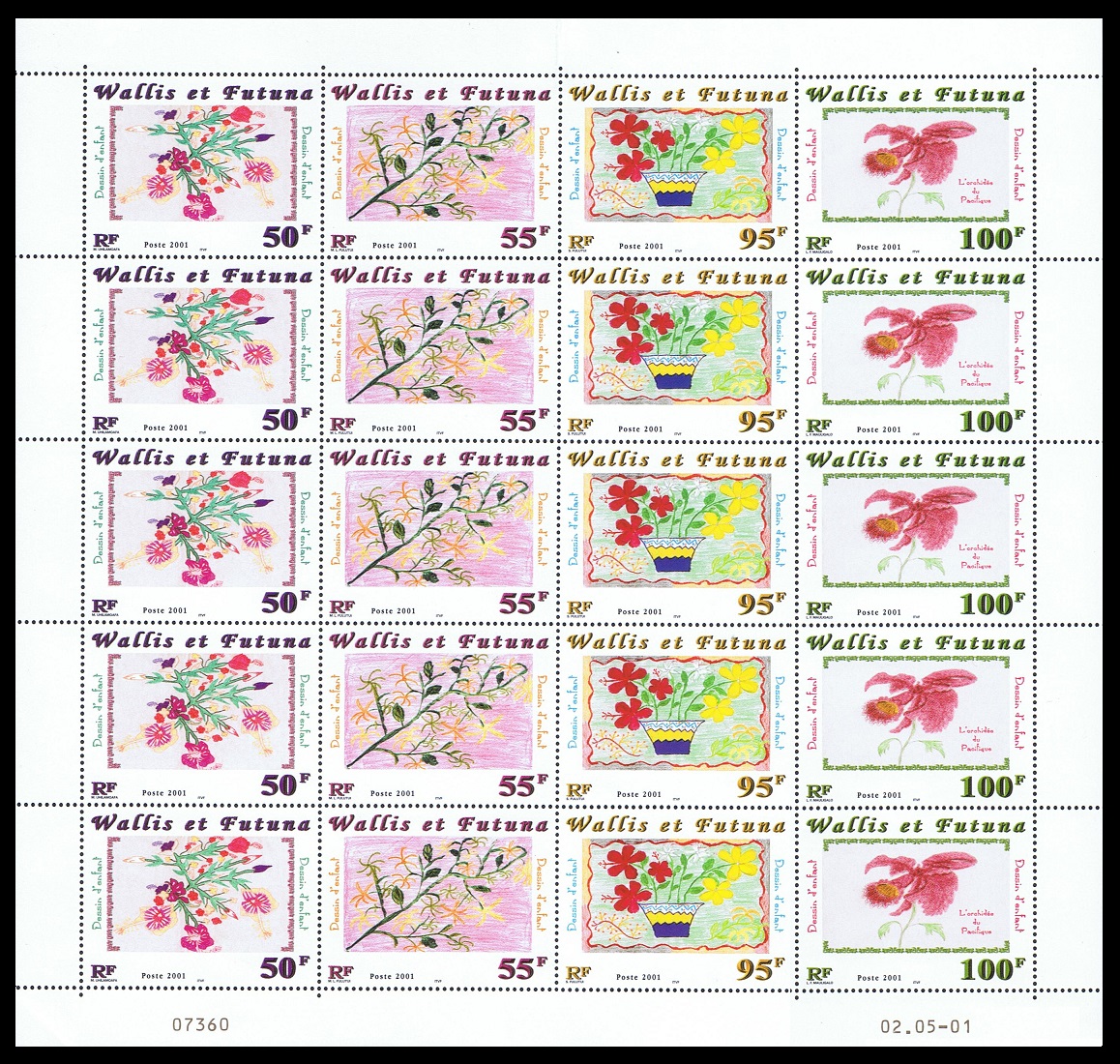 Wallis and Futuna Children&#39;s Flowers Paintings 4v Full Sheet F1 2001 MNH SG#779-782 Sc#540