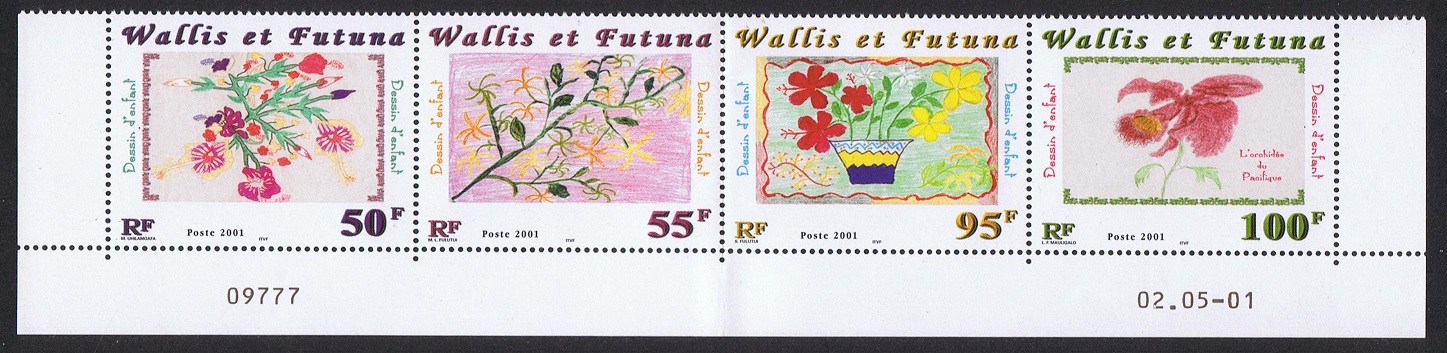 Wallis and Futuna Children&#39;s Flowers Paintings strip of 4v Control number 2001 MNH SG#779-782 Sc#540