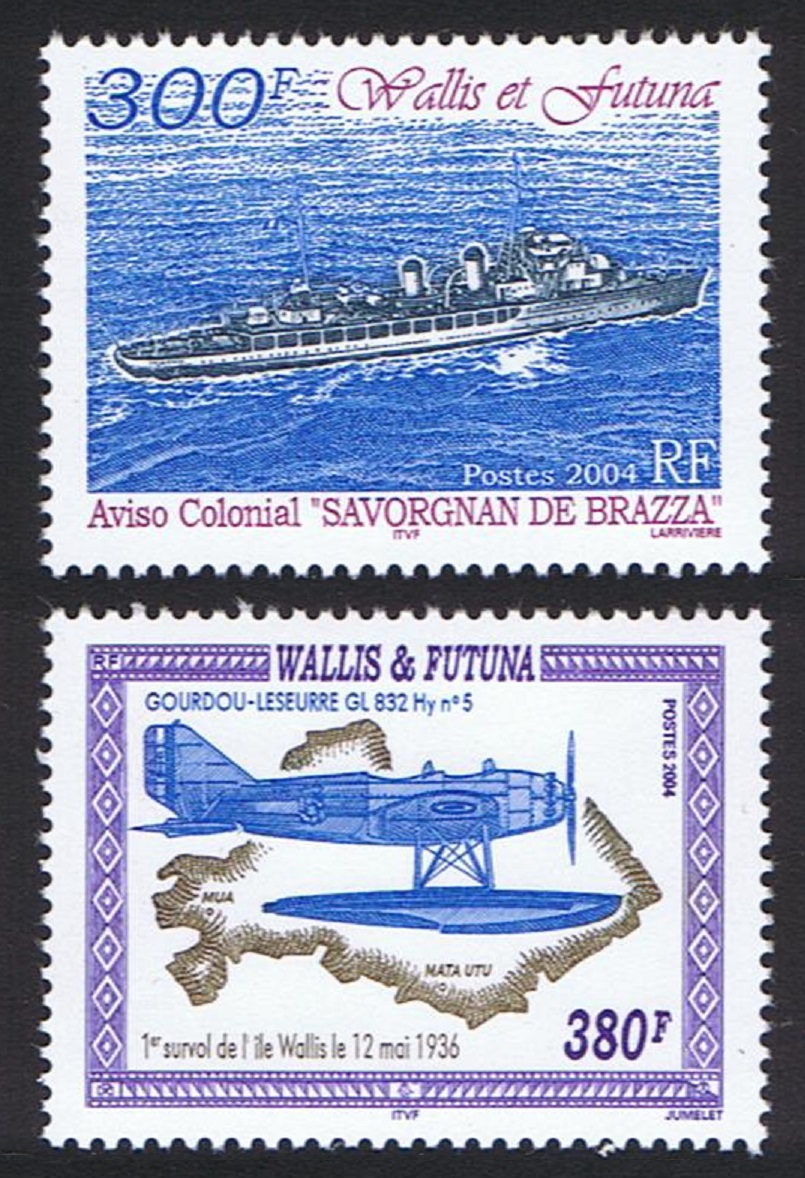 Wallis and Futuna First flight over Wallis - &#39;Savorgnan de Brazza&#39; 2004 MNH SG#854-855 Sc#586-587