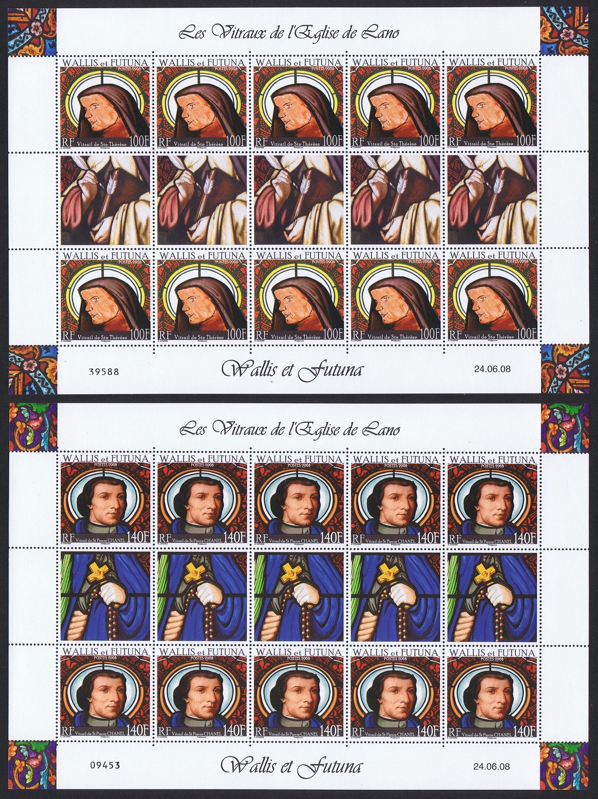 Wallis and Futuna Stained Glasses of Lano&#39;s church 2v Full Sheets 2008 MNH SG#940-941