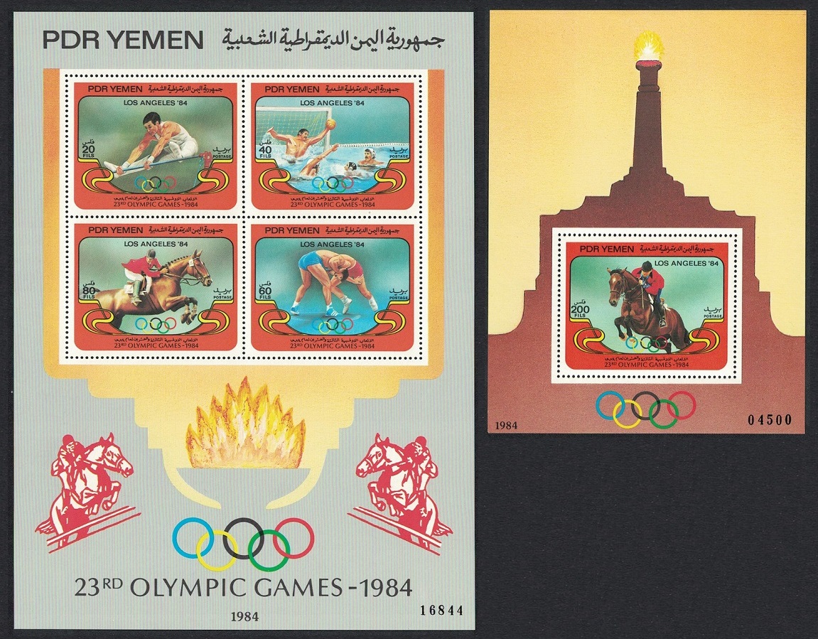 Yemen Horses Water polo Wrestling Olympic Games Los Angeles 2 MSs 1984 MNH SG#MS319