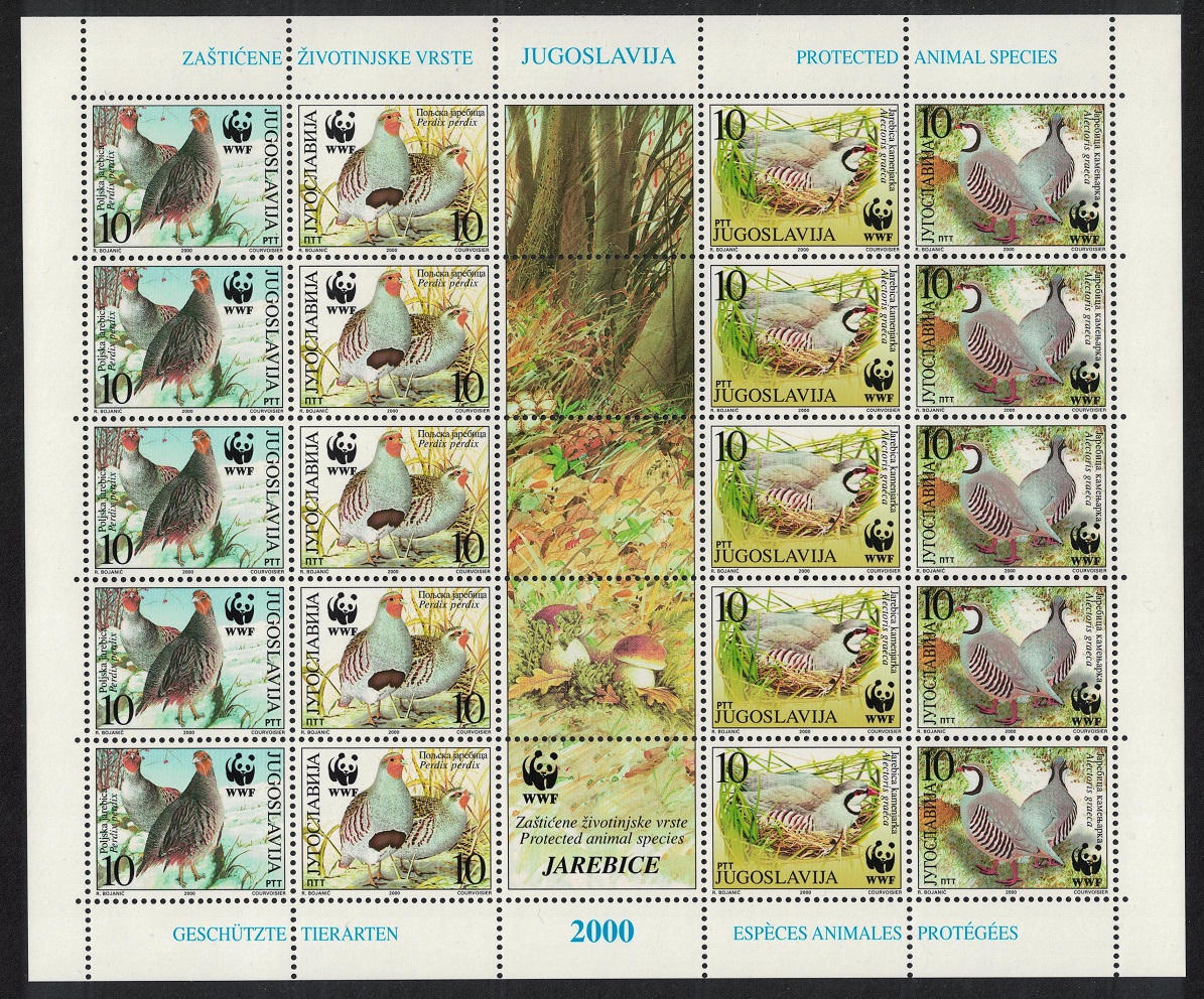 Yugoslavia Birds WWF Partridges Sheetlet of 5 strips 2000 MNH SG#3236-3239 MI#2966-2969 Sc#2479 a-d