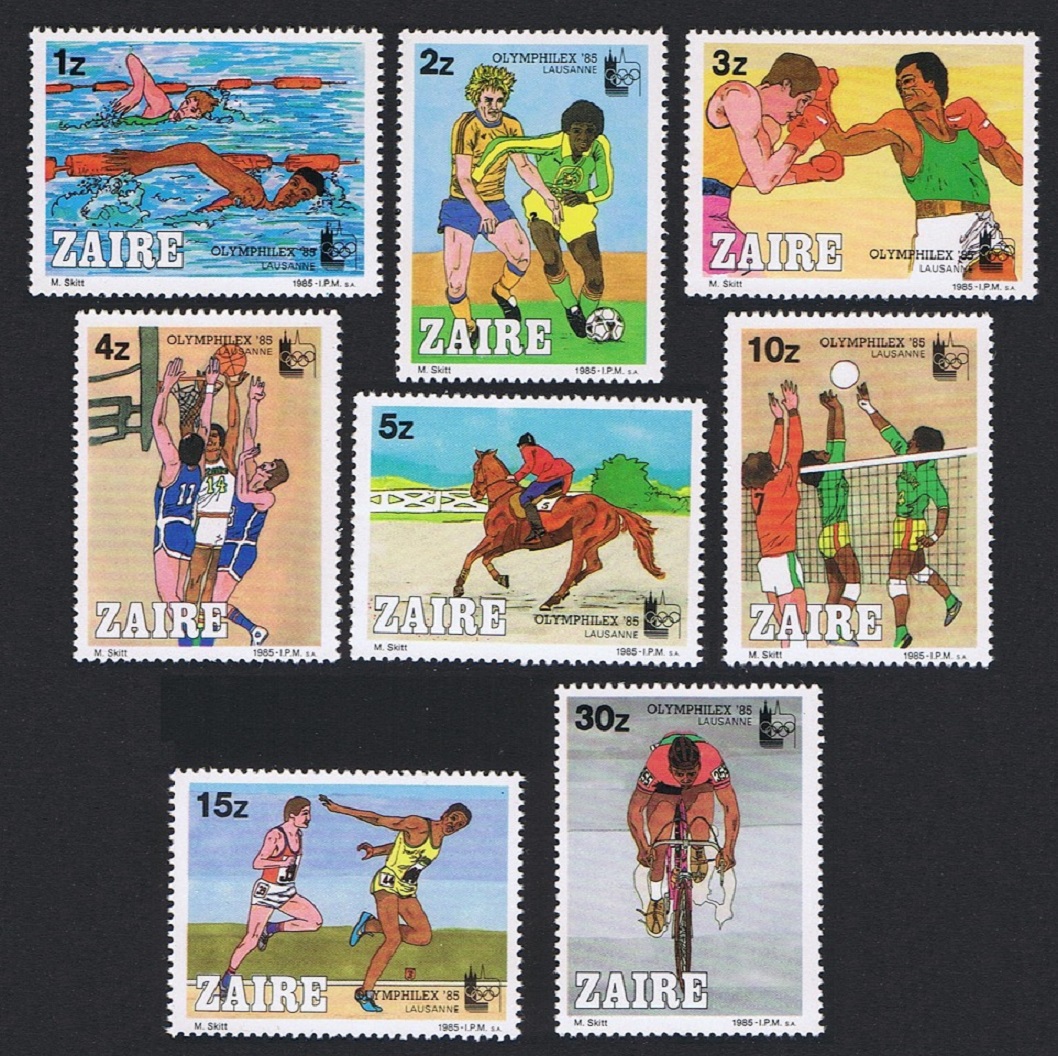 Zaire Football Swimming Boxing Basketball Volleyball 8v 1985 MNH SG#1223-1230 Sc#1182-1189