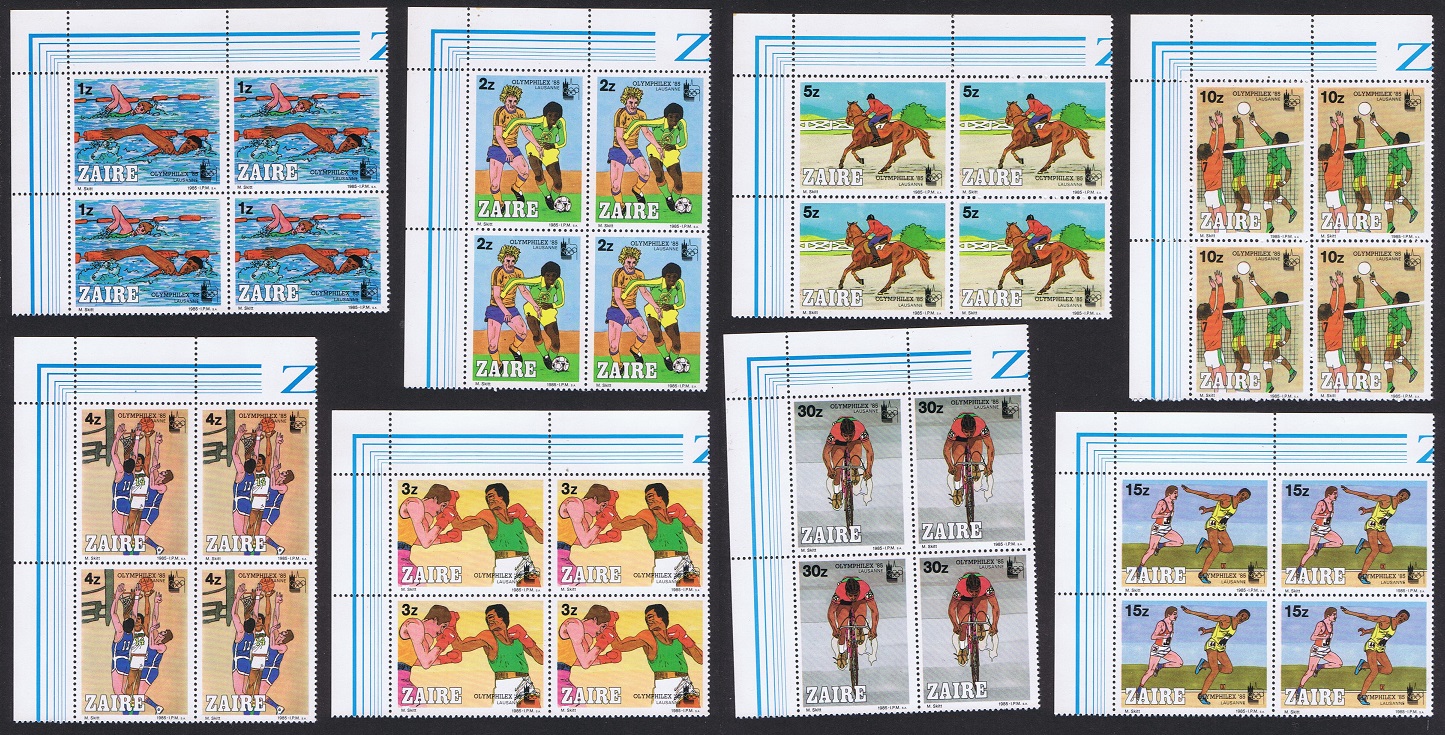 Zaire Football Swimming Boxing Basketball Corner Blocks of 4 1985 MNH SG#1223-1230 Sc#1182-1189