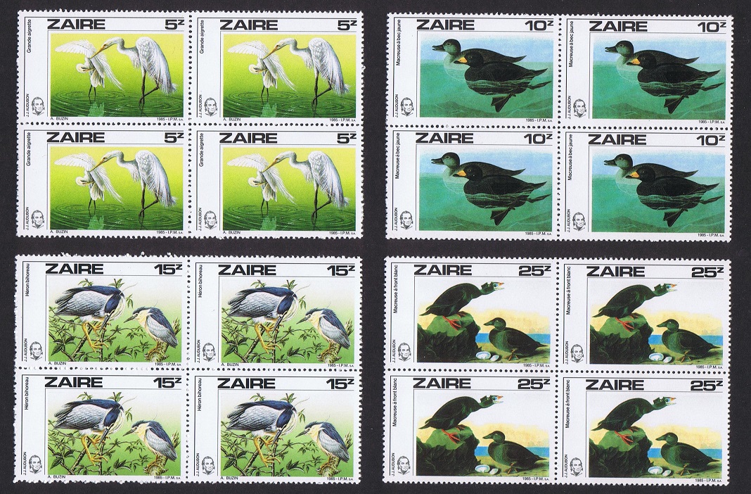 Zaire Birds Audubon 4v Blocks of 4 1985 MNH SG#1238-1241 MI#906-907 Sc#1195-1198