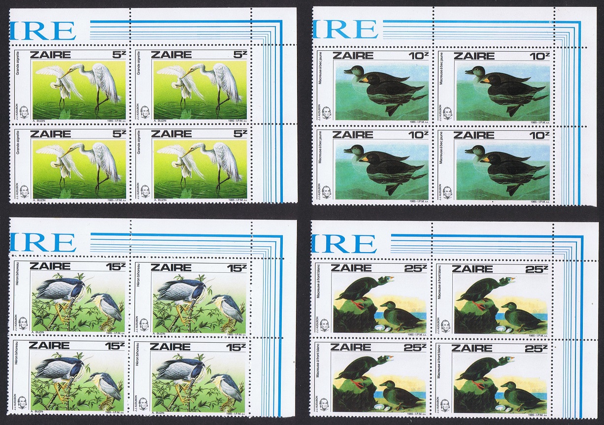 Zaire Birds Audubon 4v T2 Corner Blocks of 4 1985 MNH SG#1238-1241 MI#906-907 Sc#1195-1198