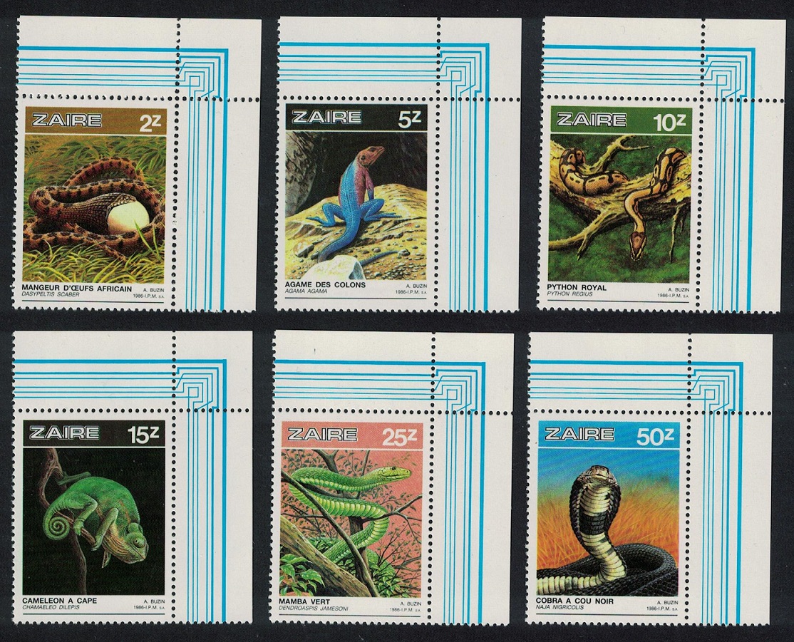 Zaire Reptiles 6v Corners 1987 MNH SG#1273-1278 MI#939-944 Sc#1231-1236