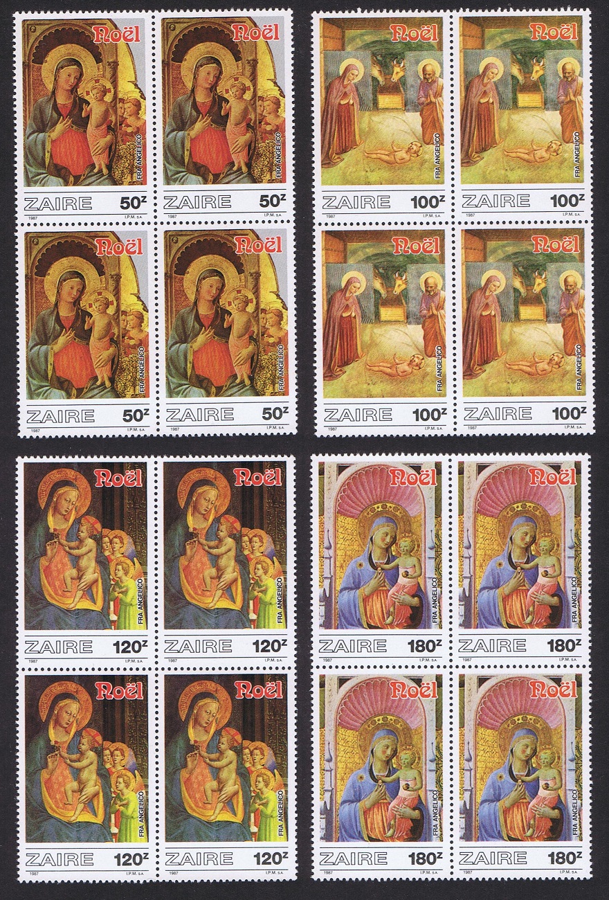 Zaire Christmas Paintings by Fr Angelico 4v Blocks of 4 1984 MNH SG#1279-1282 MI#945-948 Sc#1237-1240