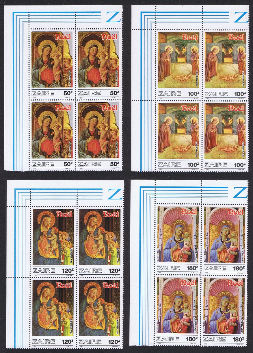 Zaire Christmas Paintings by Fr Angelico Corner Blocks of 4 1984 MNH SG#1279-1282 MI#945-948 Sc#1237-1240