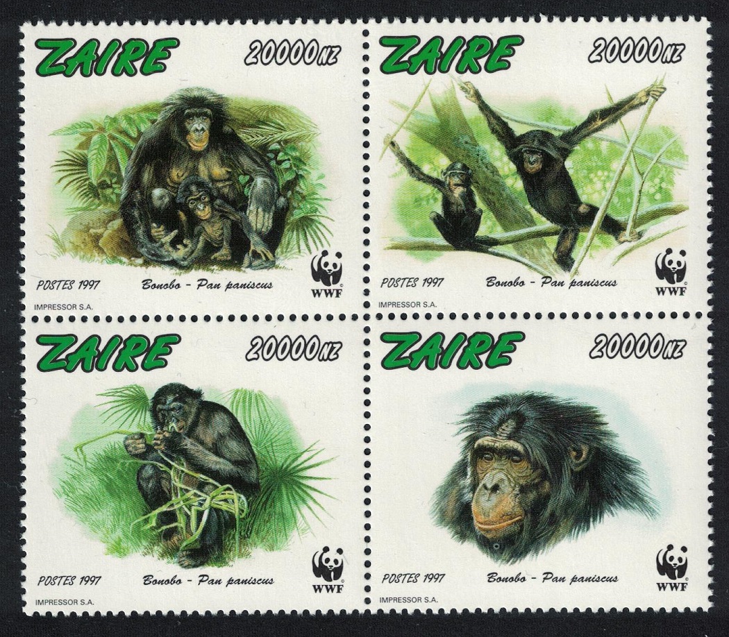 Zaire WWF Bonobo 4v in block 2*2 1997 MNH MI#1339-1342 Sc#1466 a-d