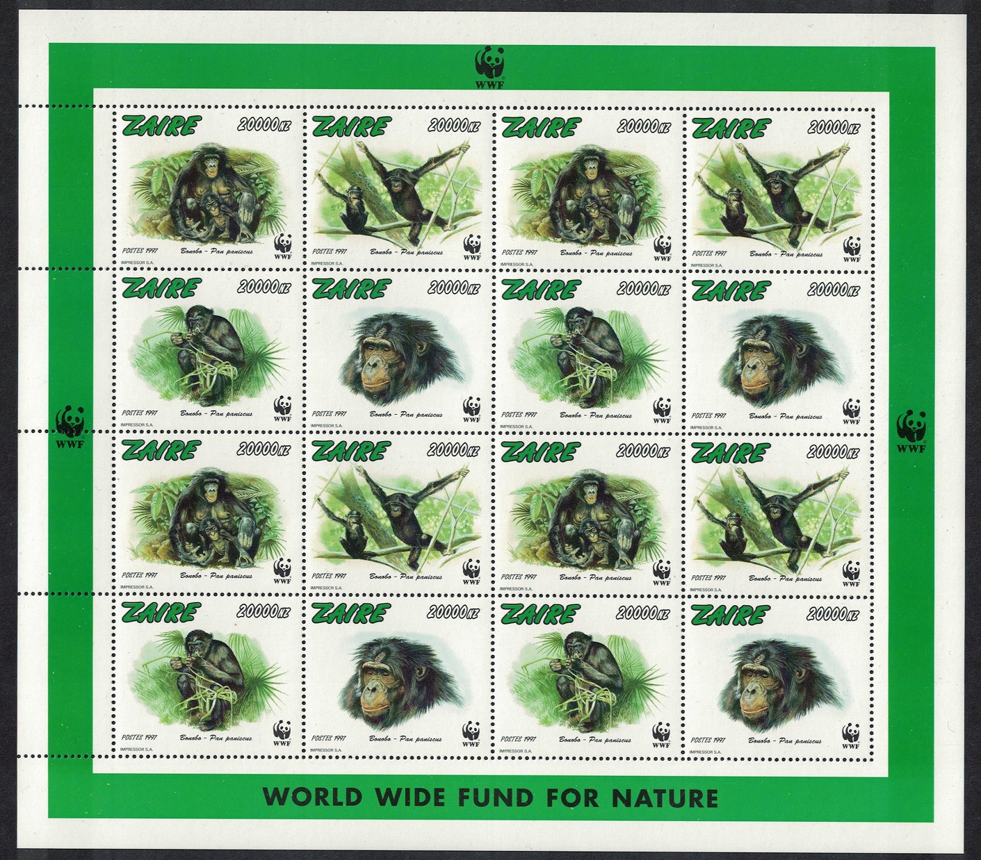 Zaire WWF Bonobo Sheetlet of 4 sets 1997 MNH MI#1339-1342 Sc#1466 a-d