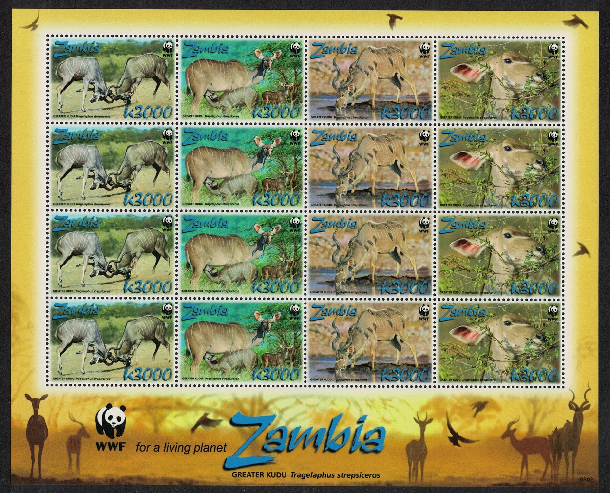 Zambia WWF Greater Kudu Sheetlet of 4 sets 2008 MNH SG#1049-1052 MI#1606-1609 Sc#1103a-d