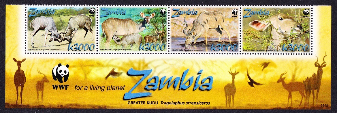 Zambia WWF Greater Kudu Strip of 4v WWF Logo 2008 MNH SG#1049-1052 MI#1606-1609 Sc#1103a-d