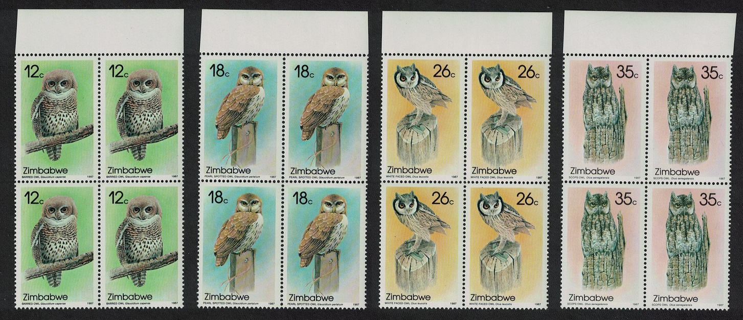 Zimbabwe Owls 4v Blocks of 4 Margins 1987 MNH SG#710-713